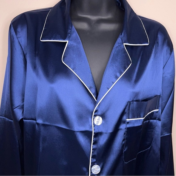 Medium Blue Satin Button Front Pajama Top Long Sleeve Glam - Picture 10 of 11